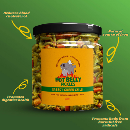 Artisanal gourmet spicy pickle in GREEDY GREEN CHILLI 